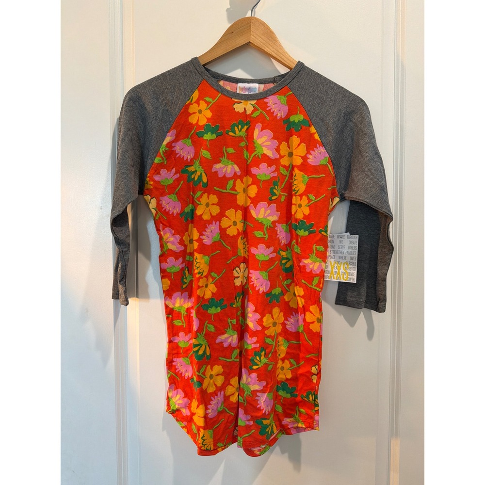 LuLaRoe Randy Baseball Tee XXS Orange Floral Grey Raglan 3/4 Sleeve Shirt NWT